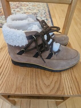 Sorel Taupe Suede Winter Boots with White Faux-Shearling Collar